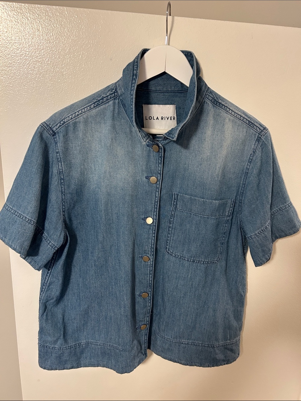 Distressed Denim Short-Sleeve Button Shirt - Light Blue